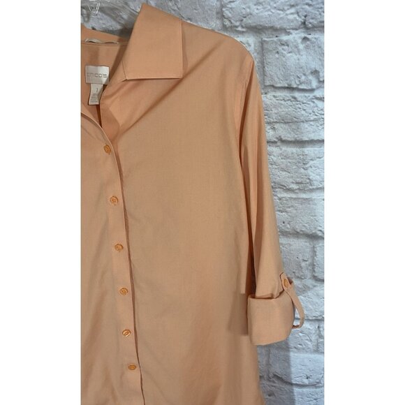 CHICOS 1 Medium Peach Button Up No Iron Tunic Top Shirt Roll Tab Sleeve Collared - Picture 2 of 6